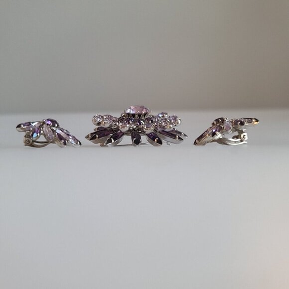 Sherman Swarovski amethyst purple circle brooch pin clip on earrings set Navette - Picture 9 of 16